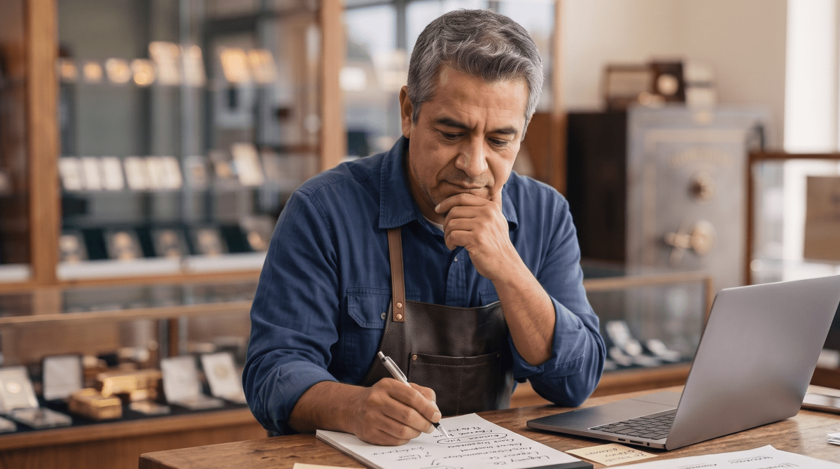 Coin and bullion shop owner brainstorming business name ideas