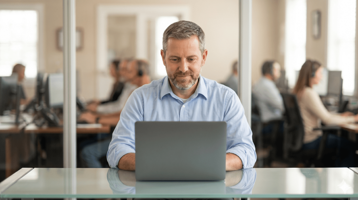 Collections agency owner registering a collections business as an LLC from desk