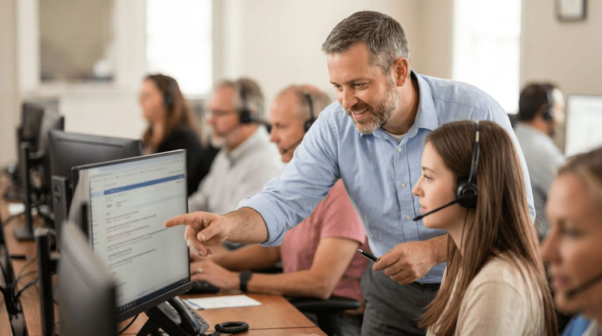Collections agency call center employee handling debt recovery calls at a professional workstation