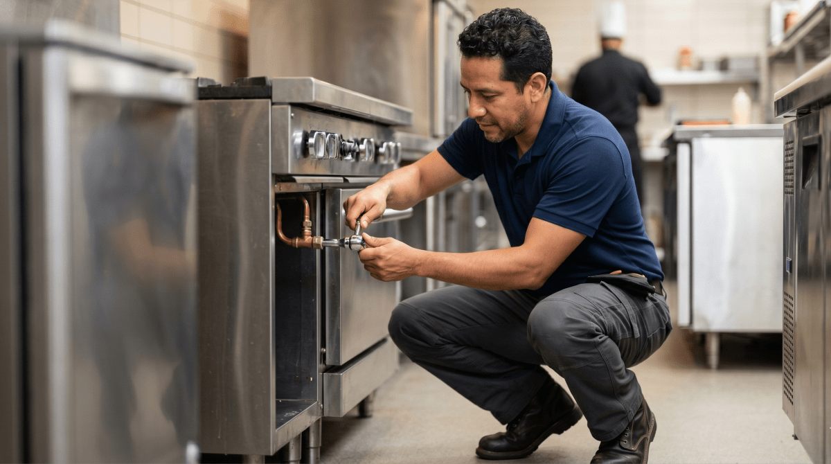 Commercial appliance technician repairing commercial kitchen and business equipment