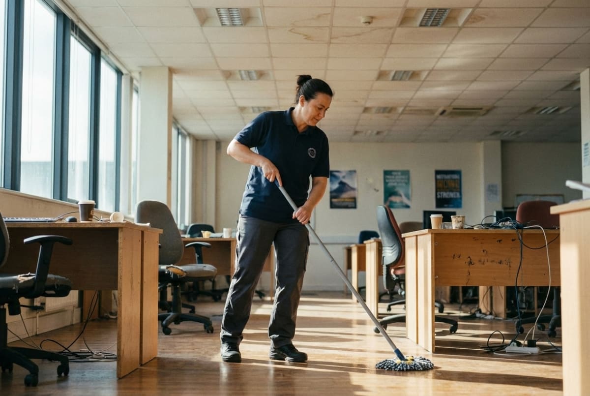 Commercial cleaning business workers cleaning and sanitizing a professional office space