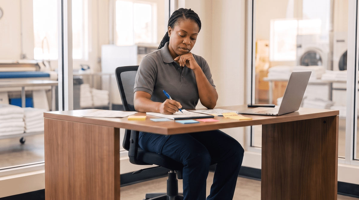 Commercial linen service owner brainstorming business name ideas