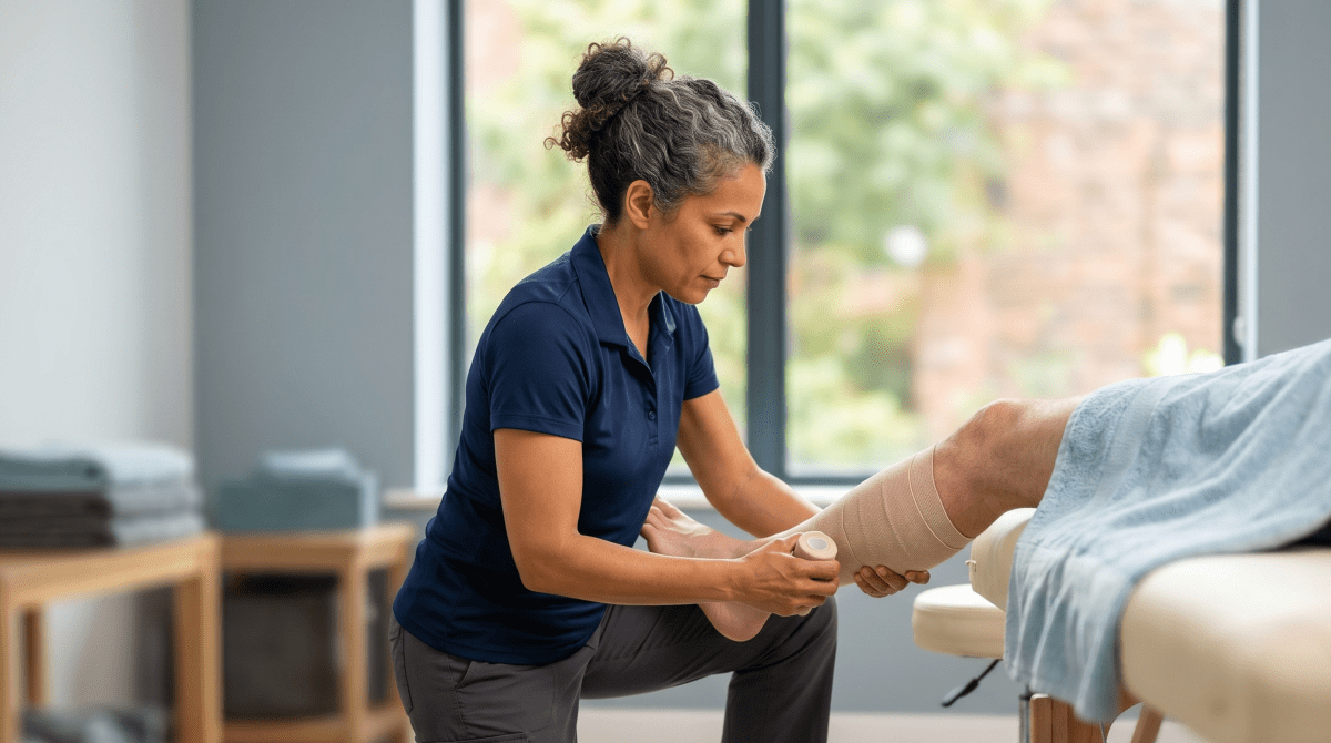 Compression therapy specialist fitting a client with recovery equipment