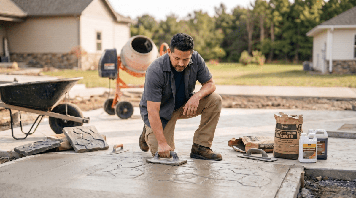 Decorative concrete contractor inspecting a finished stamped or polished concrete surface