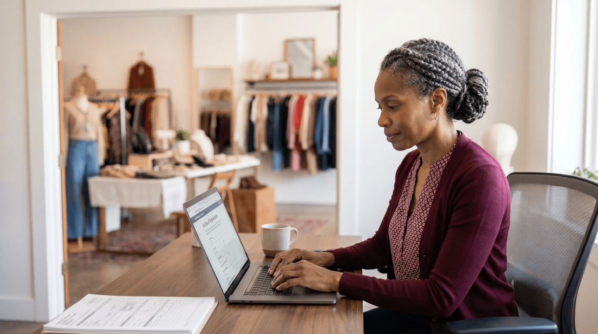 Consignment shop owner sorting secondhand items while starting an LLC