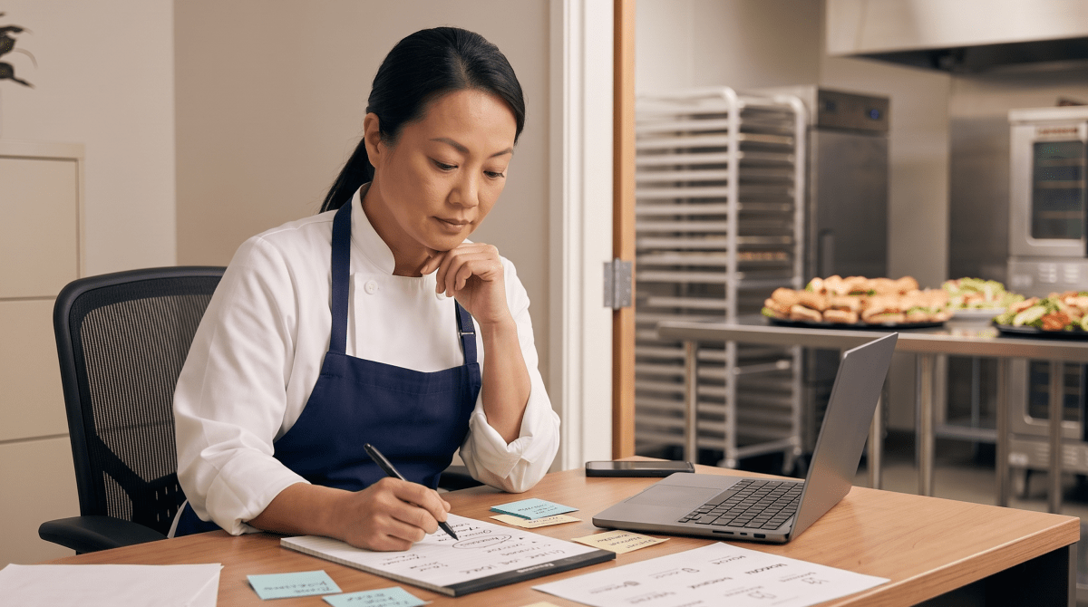 Corporate catering owner brainstorming business name ideas