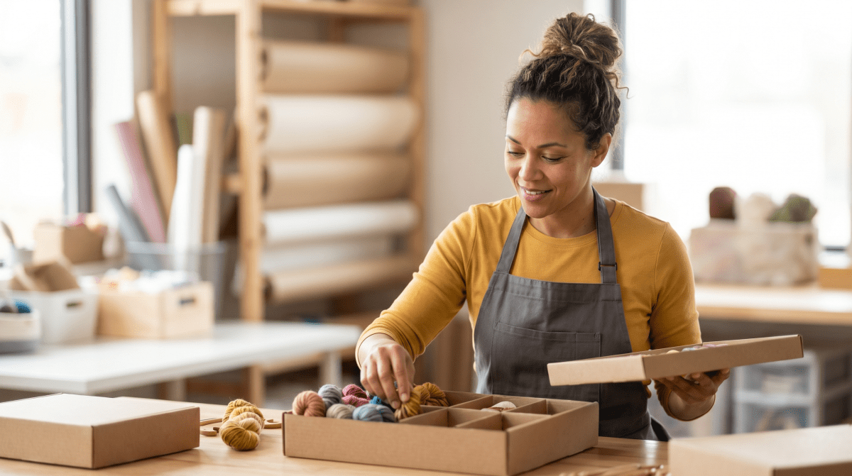 Craft subscription box service owner assembling DIY craft subscription boxes for customers