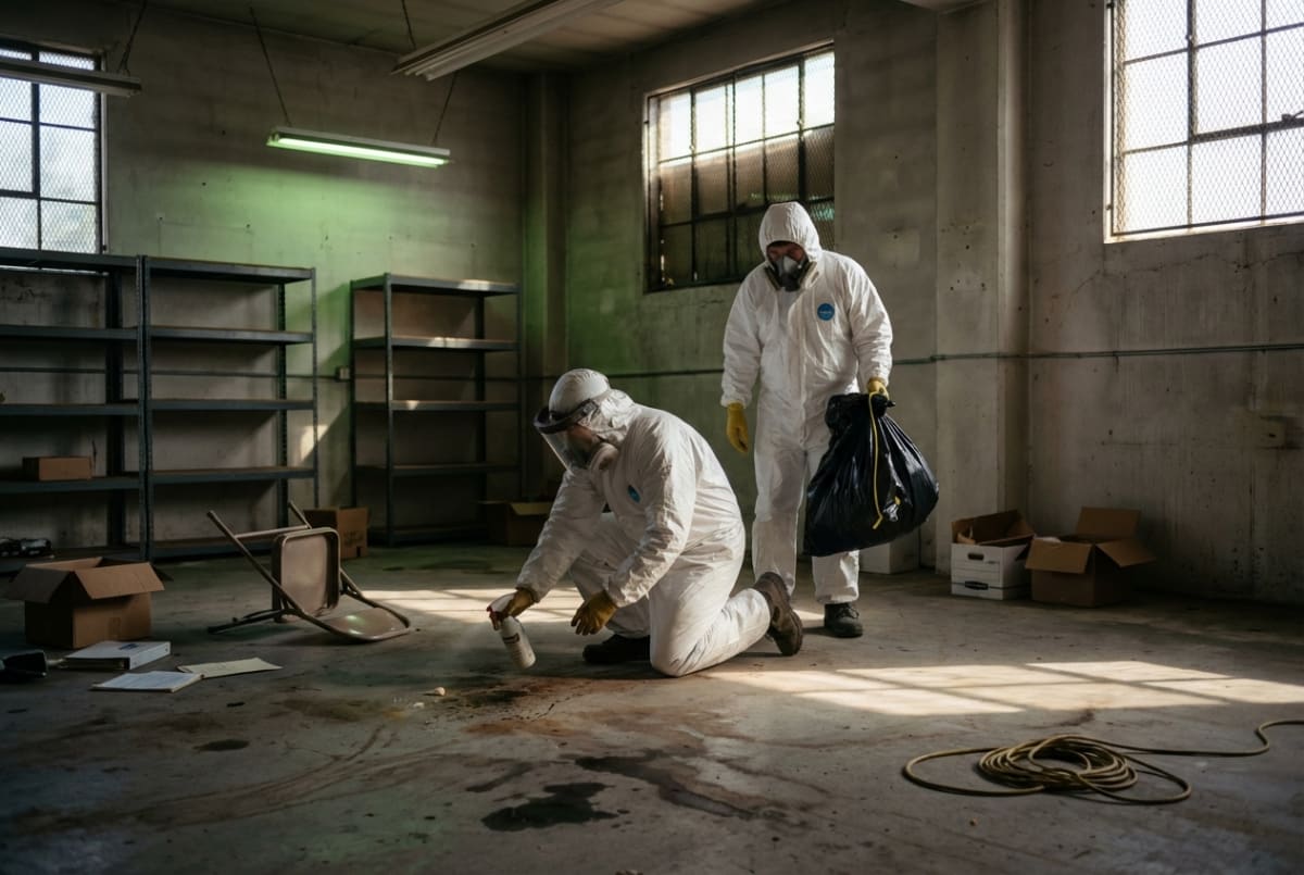 Crime scene cleanup service workers in protective gear performing biohazard remediation at a job site