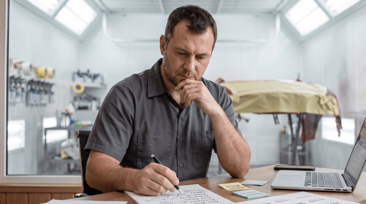 Custom auto paint shop owner brainstorming business name ideas