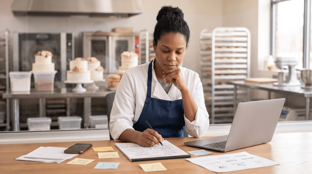 Custom cakes owner brainstorming business name ideas