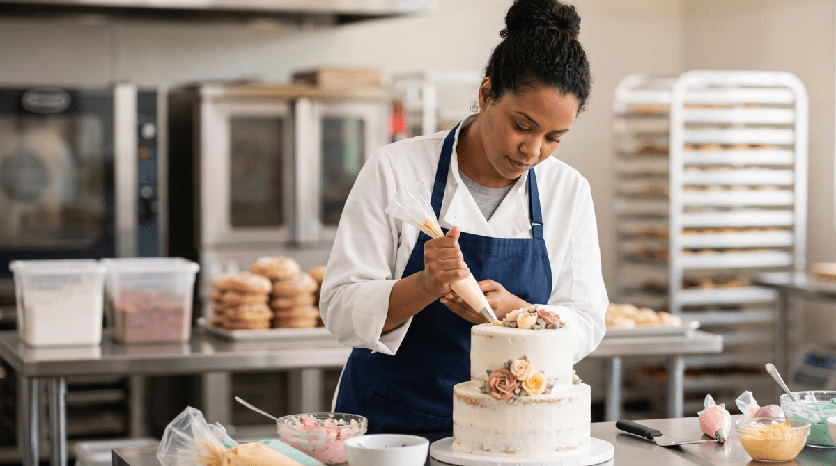 Custom cakes business owner decorating a custom cake