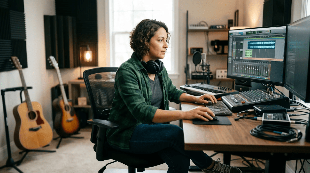Custom jingle and music composition service owner composing a branded jingle for a music production business