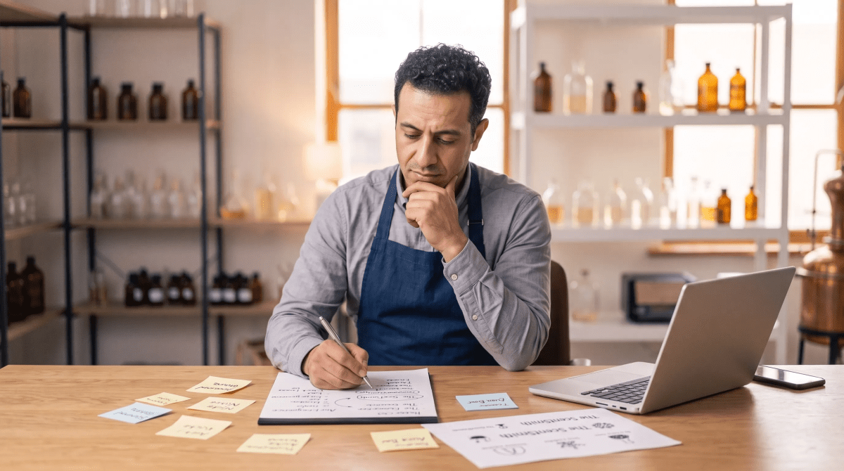 Custom perfume studio owner brainstorming business name ideas