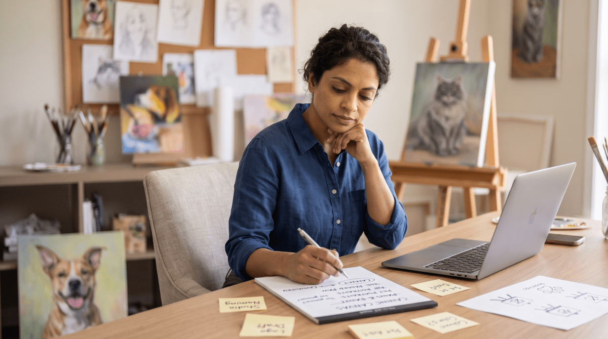 Custom pet portraits owner brainstorming business name ideas
