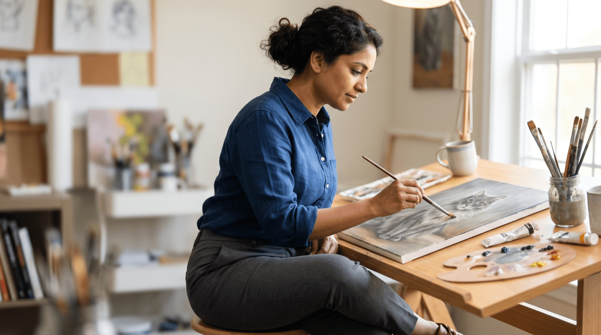 Custom pet portrait artist painting a dog on canvas in an art studio