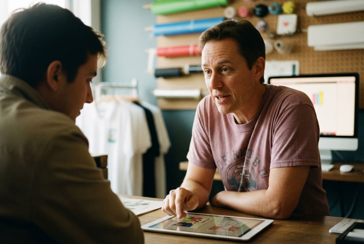 Custom t-shirt store owner helping a customer design and order a personalized shirt