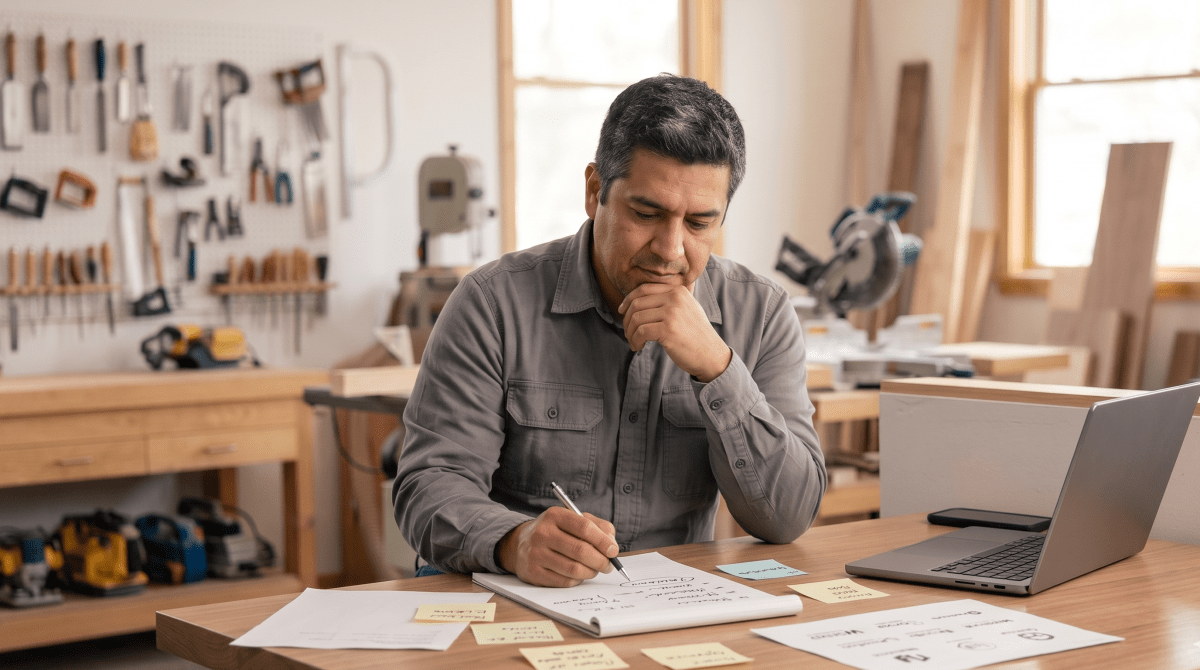 Custom woodworking business owner reviewing LLC name ideas