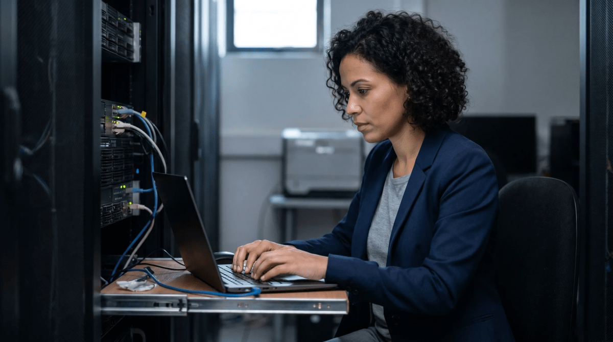 Cybersecurity consultant working at a home office desk with code on screen