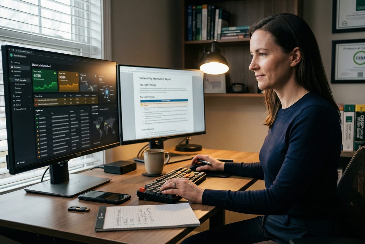 Cybersecurity consultant working at a home office desk with code on screen