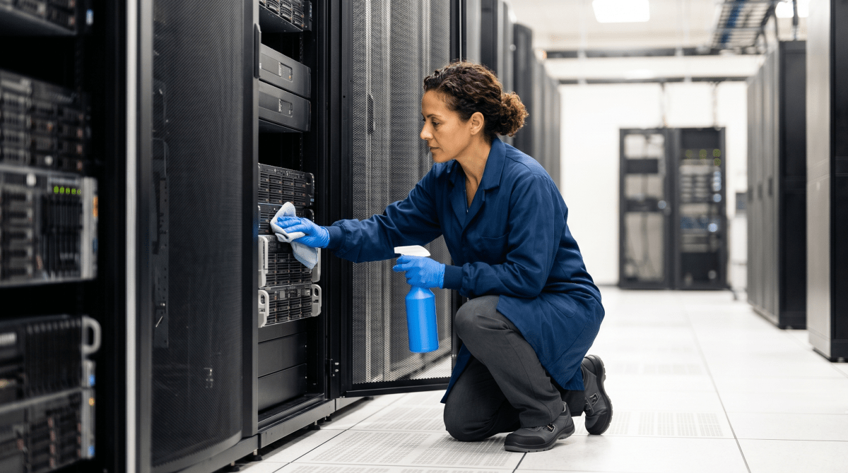 Data center cleaning technician servicing equipment in a server room