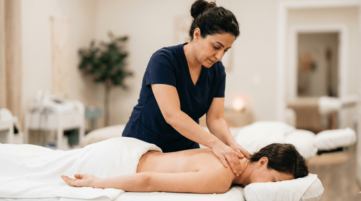 Day spa owner providing a relaxing spa treatment at a wellness and beauty business