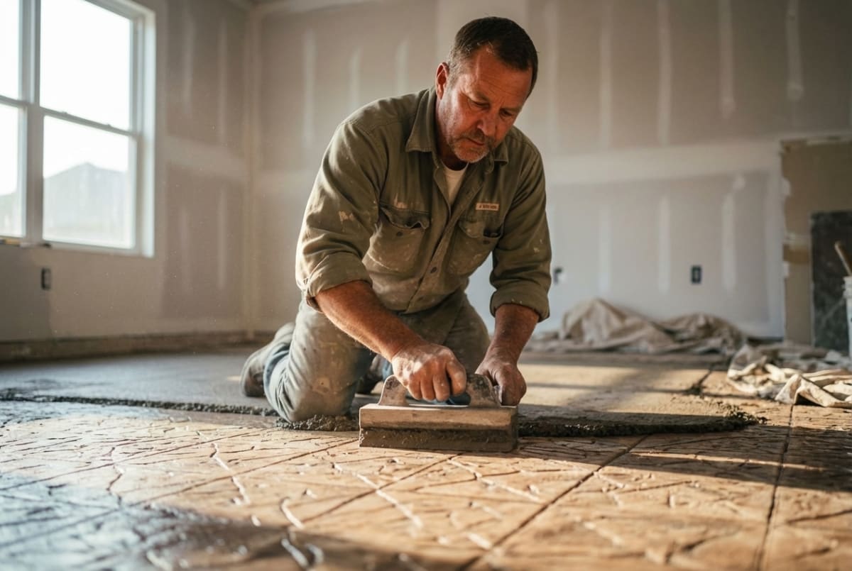 Decorative concrete contractor inspecting a finished stamped or polished concrete surface