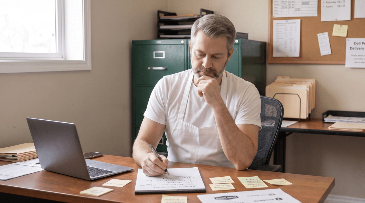 Deli and sandwich shop owner brainstorming business name ideas