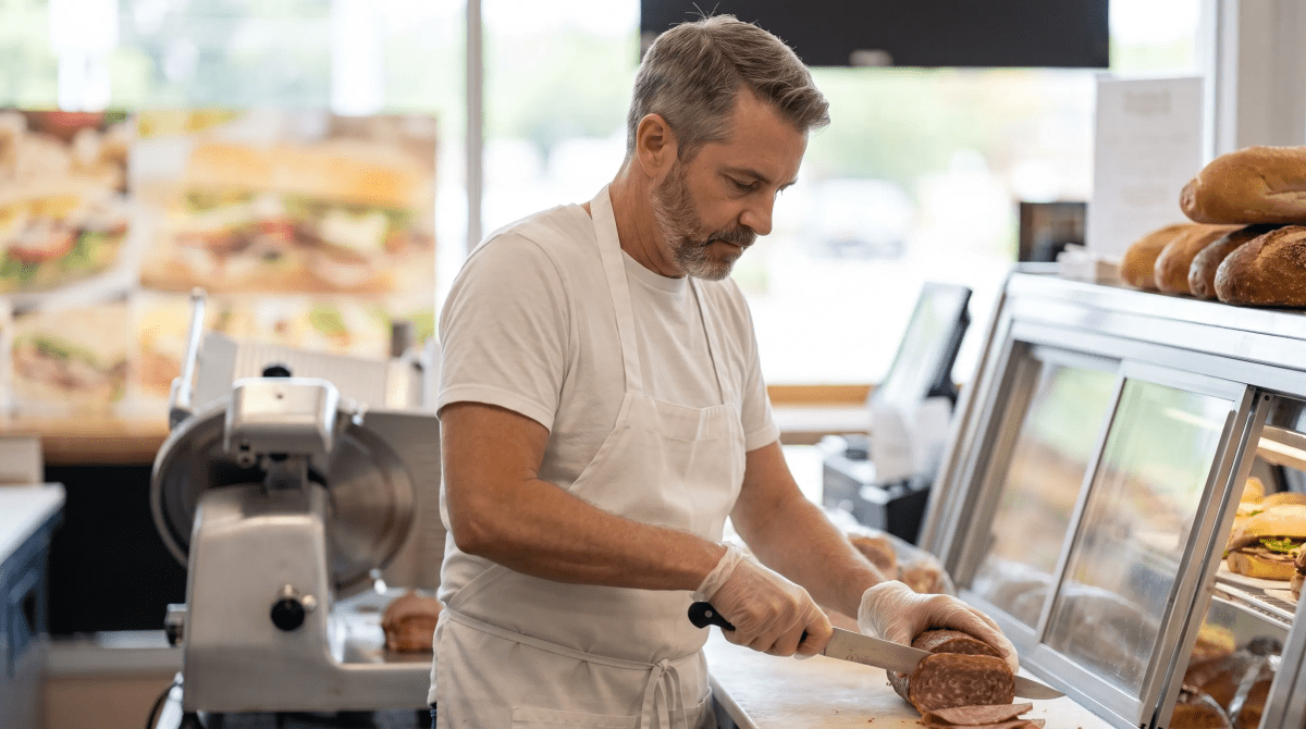 Deli and sandwich shop owner making a sandwich