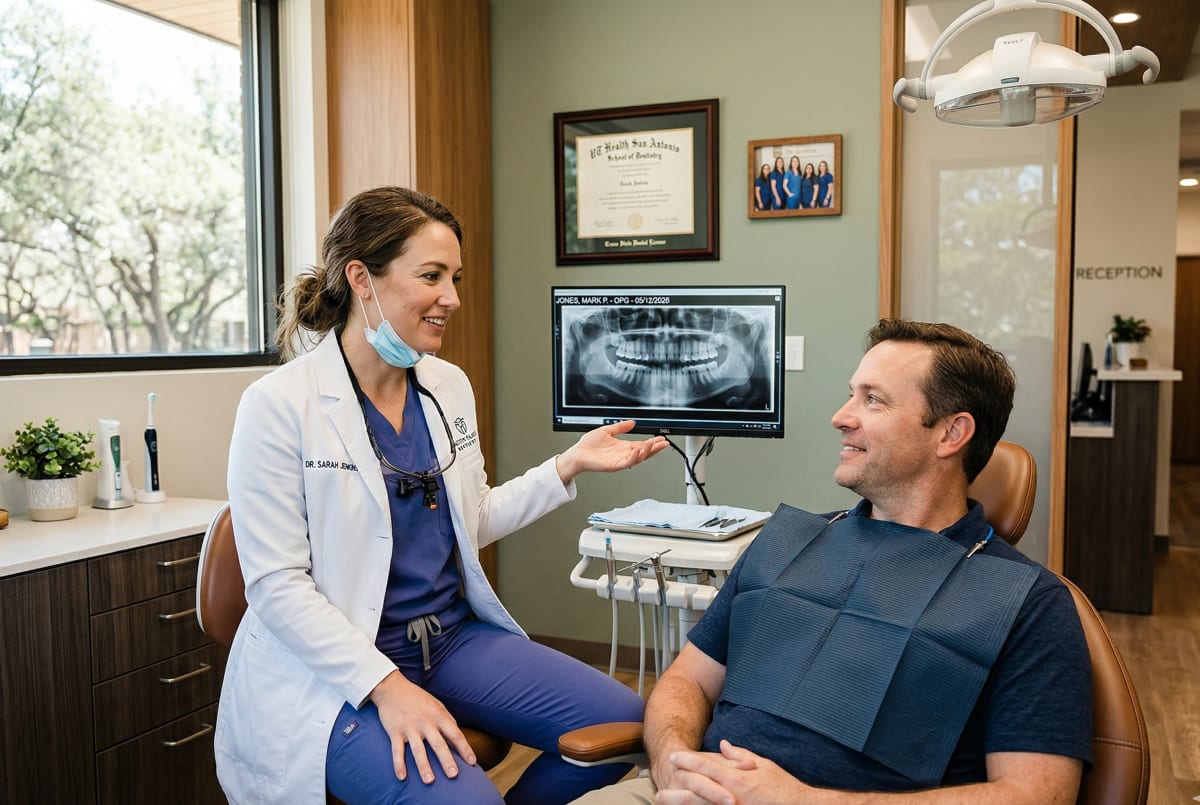 Dentist business owner going over x-rays with a client