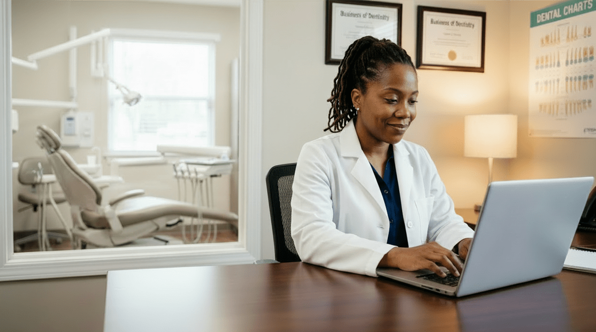 Dentist registering a dental practice as an LLC from office desk