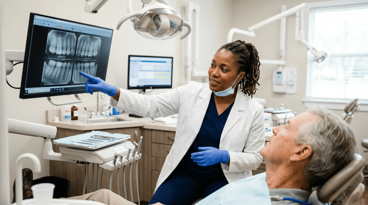 Dentist business owner going over x-rays with a client