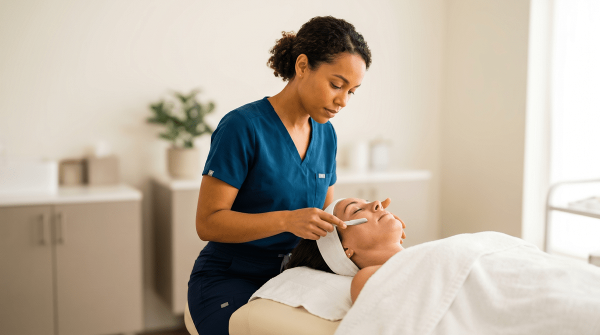 Performing a dermaplaning treatment on a client at a skincare studio