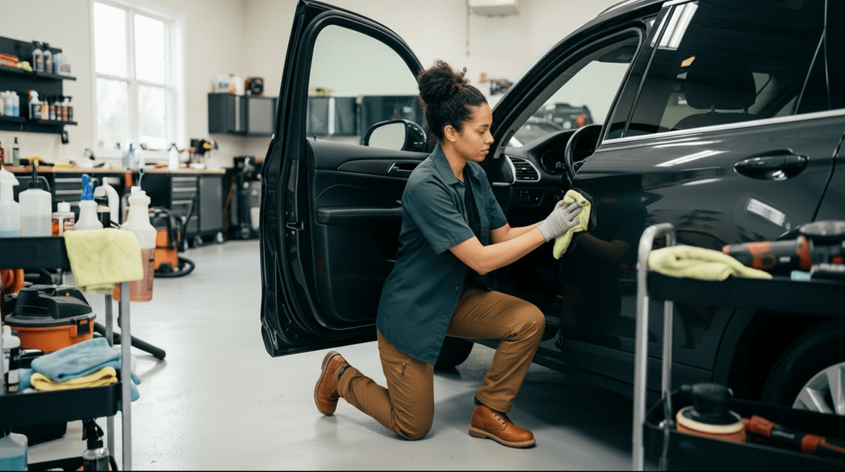 Auto detailing professional polishing and cleaning a car at a detailing shop