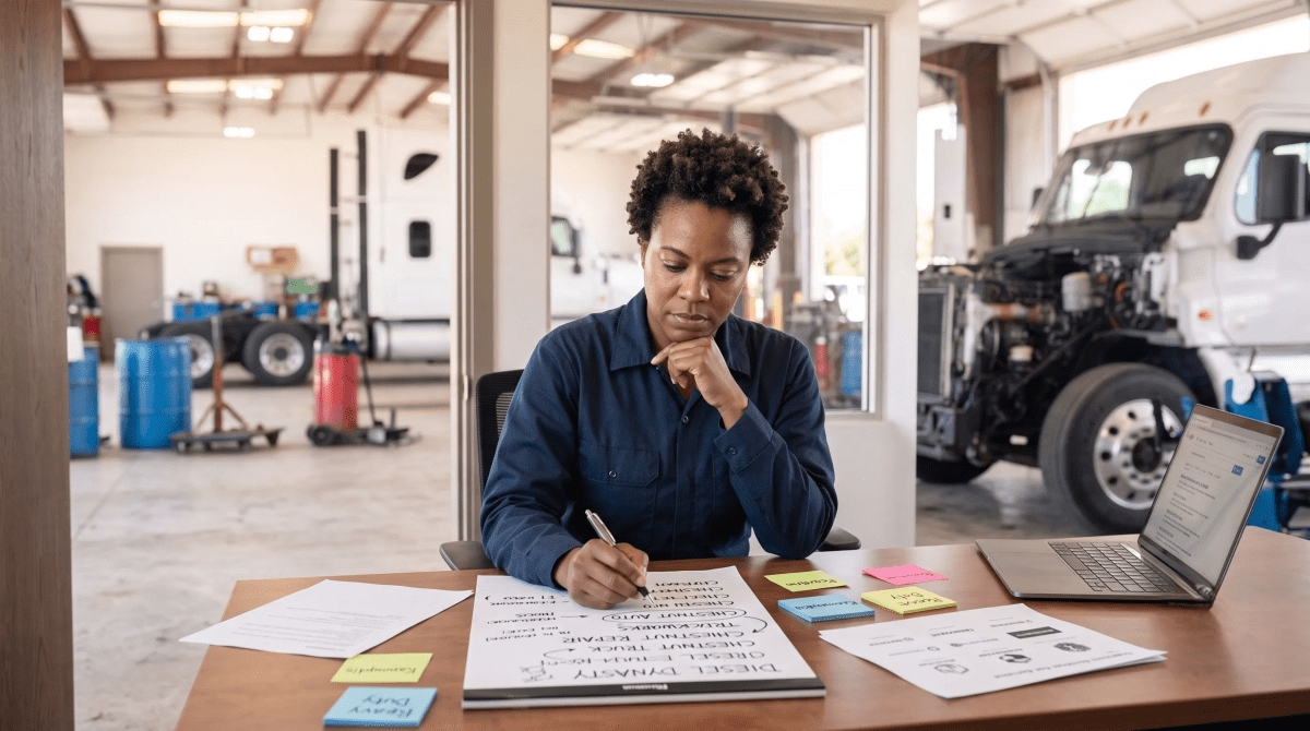 Diesel truck repair shop owner brainstorming business name ideas