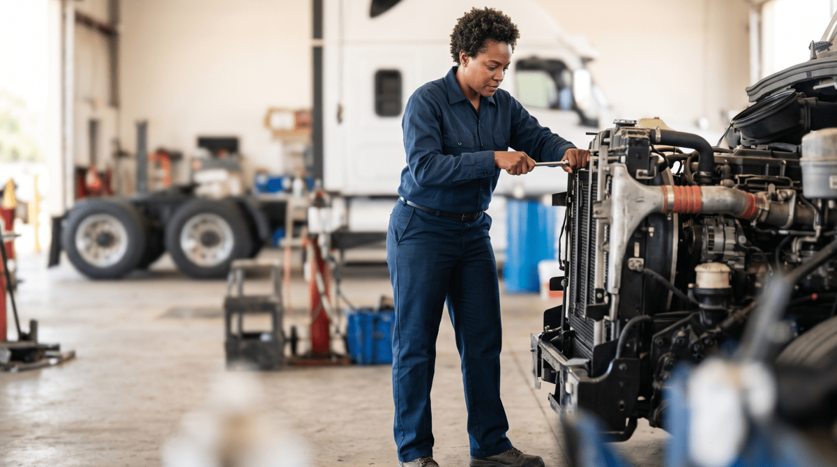 Diesel truck repair technician working on a large truck engine in a shop
