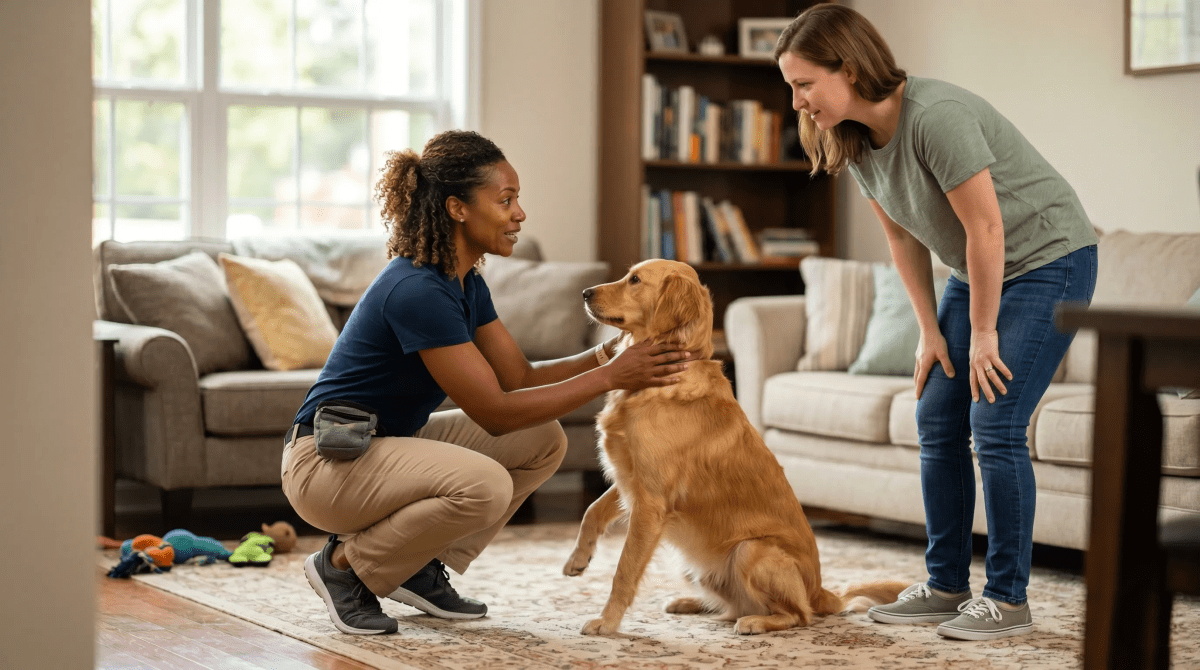 Dog behavior consultant training a dog for a canine training and pet behavior business