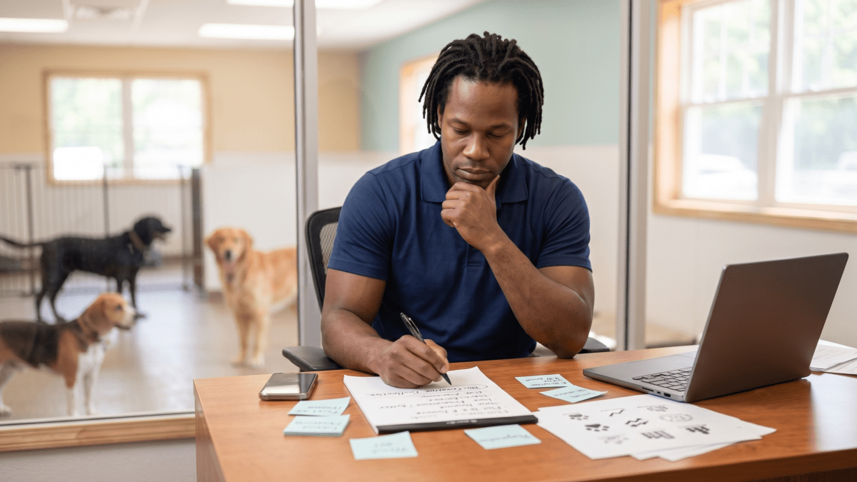 Dog boarding kennel owner brainstorming LLC name ideas
