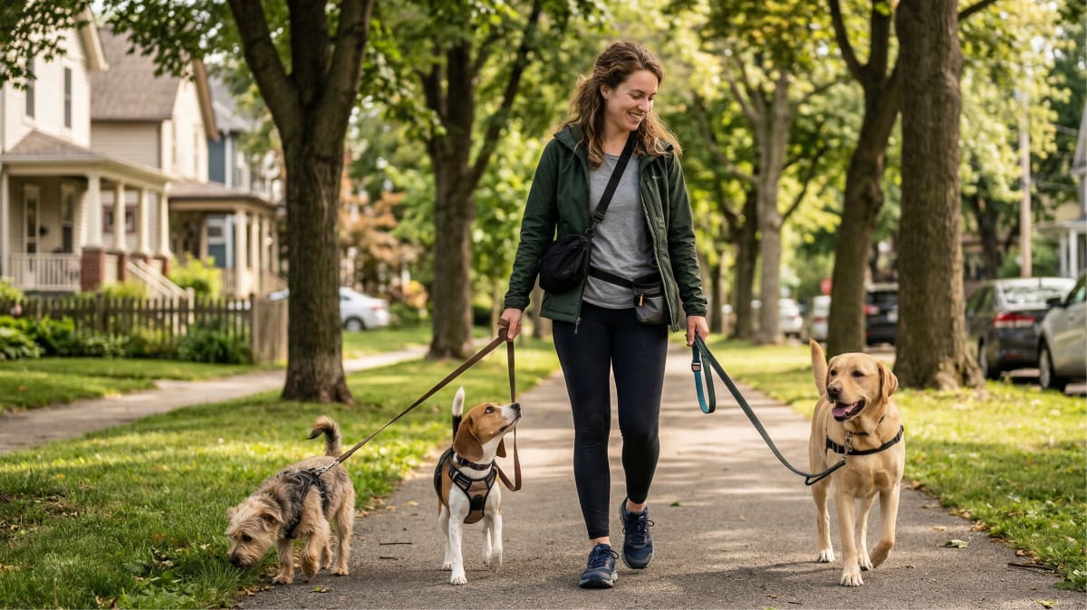 Woman walking multiple dogs outdoors as part of her professional dog walking business