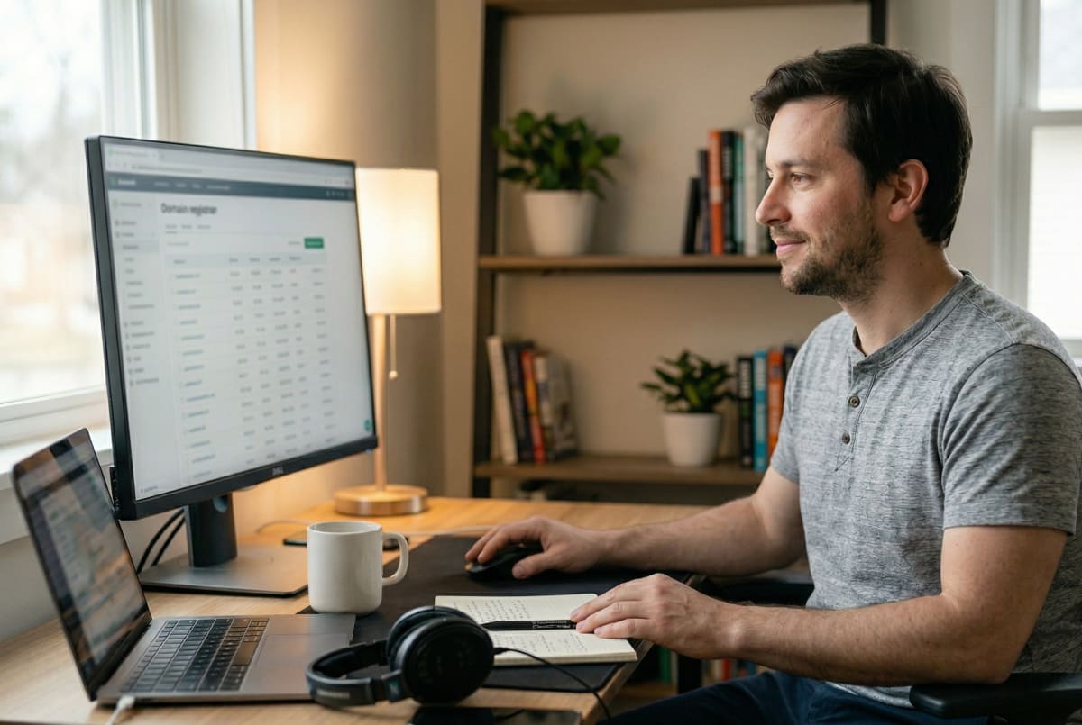 Domain investing business owner researching and managing a portfolio of domain names at their office