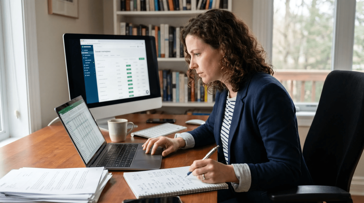 Domain investing business owner researching and managing a portfolio of domain names at their office