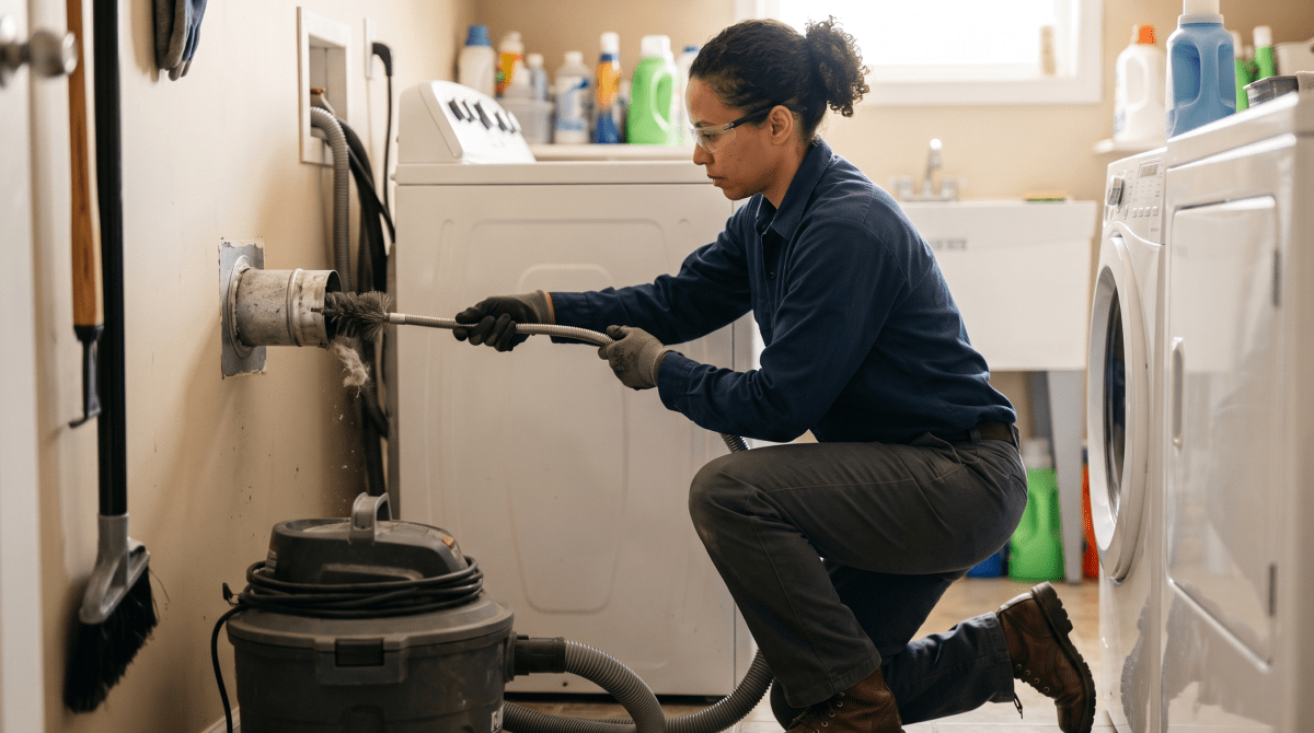 Dryer vent cleaning business owner cleaning a dryer vent