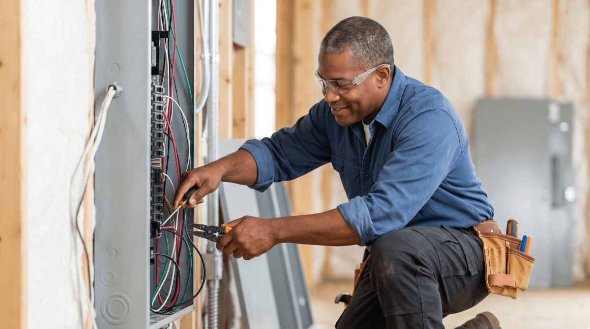 Electrical contractor wiring a home for a residential electrical services business