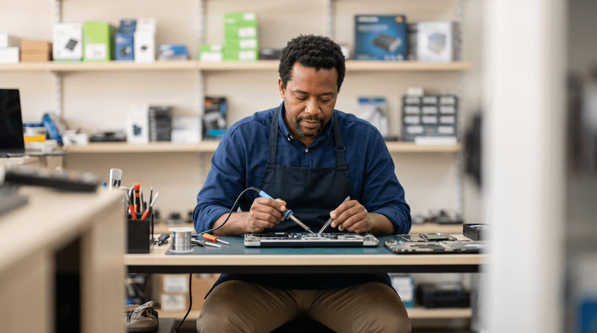 Electronics store owner working on their business