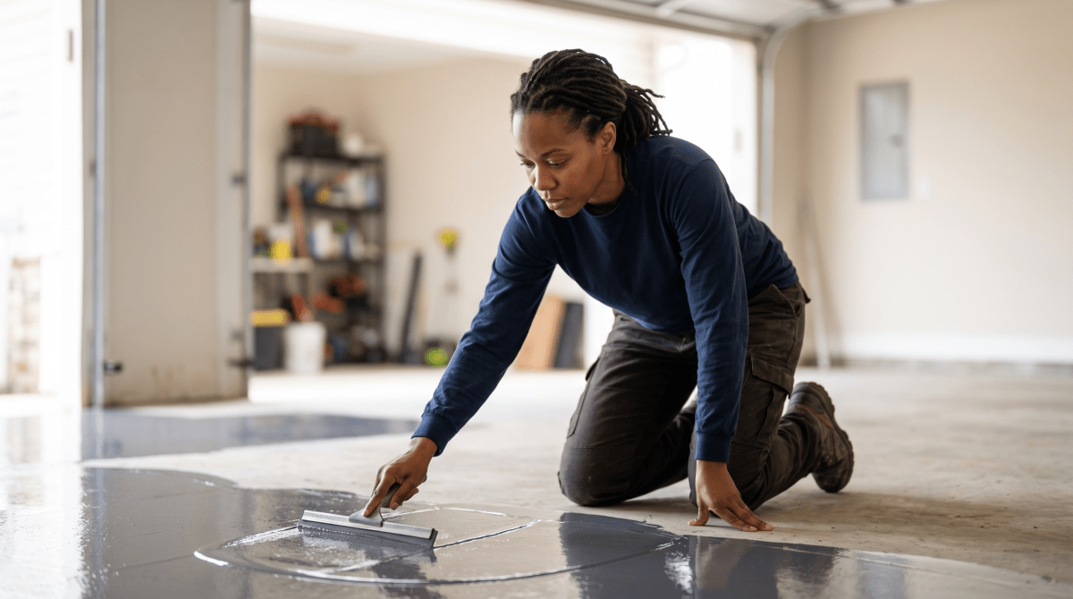 Epoxy flooring business owner applying an epoxy floor coating