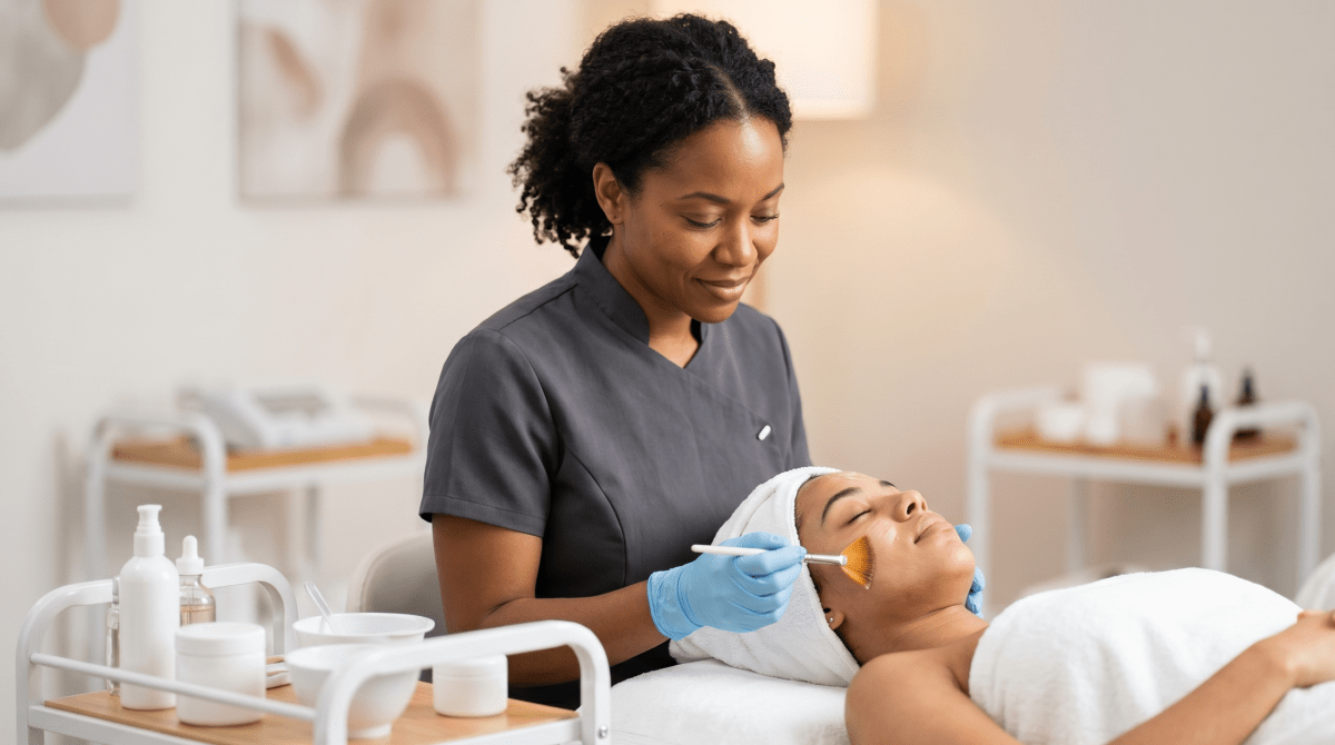 Esthetician performing a facial treatment at a skincare and beauty salon business