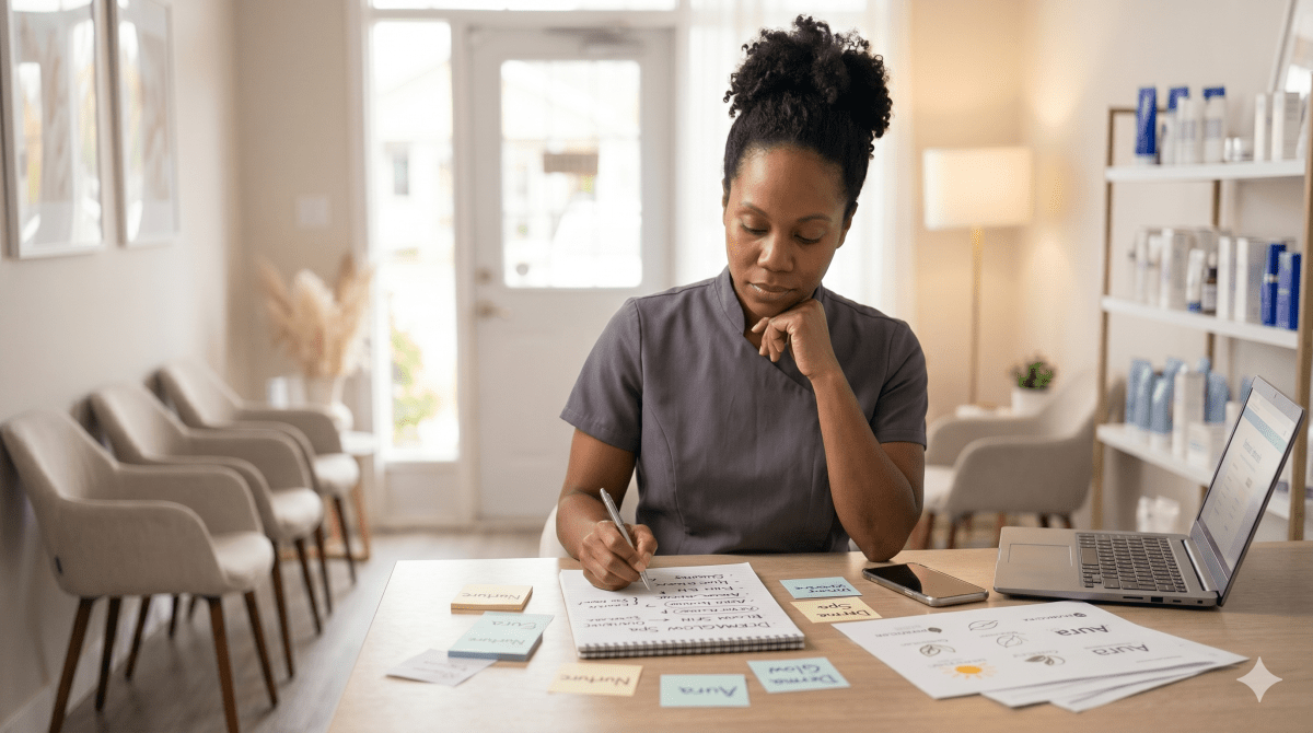 Esthetician studio owner creating LLC name ideas for a skincare business