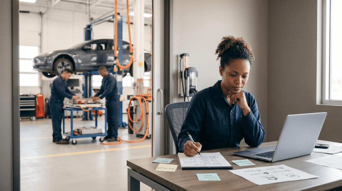 EV and hybrid repair shop owner brainstorming business name ideas
