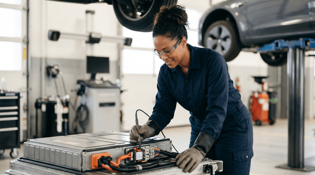 EV and hybrid repair technician servicing an electric vehicle battery in a shop