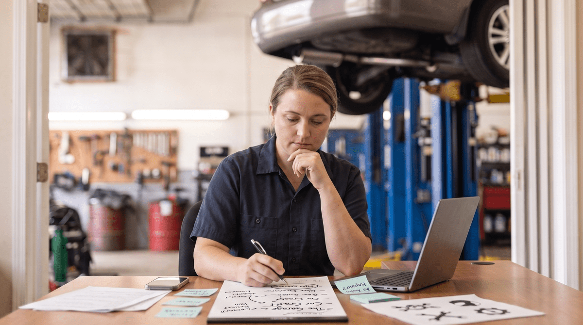 Exhaust and muffler shop owner brainstorming business name ideas