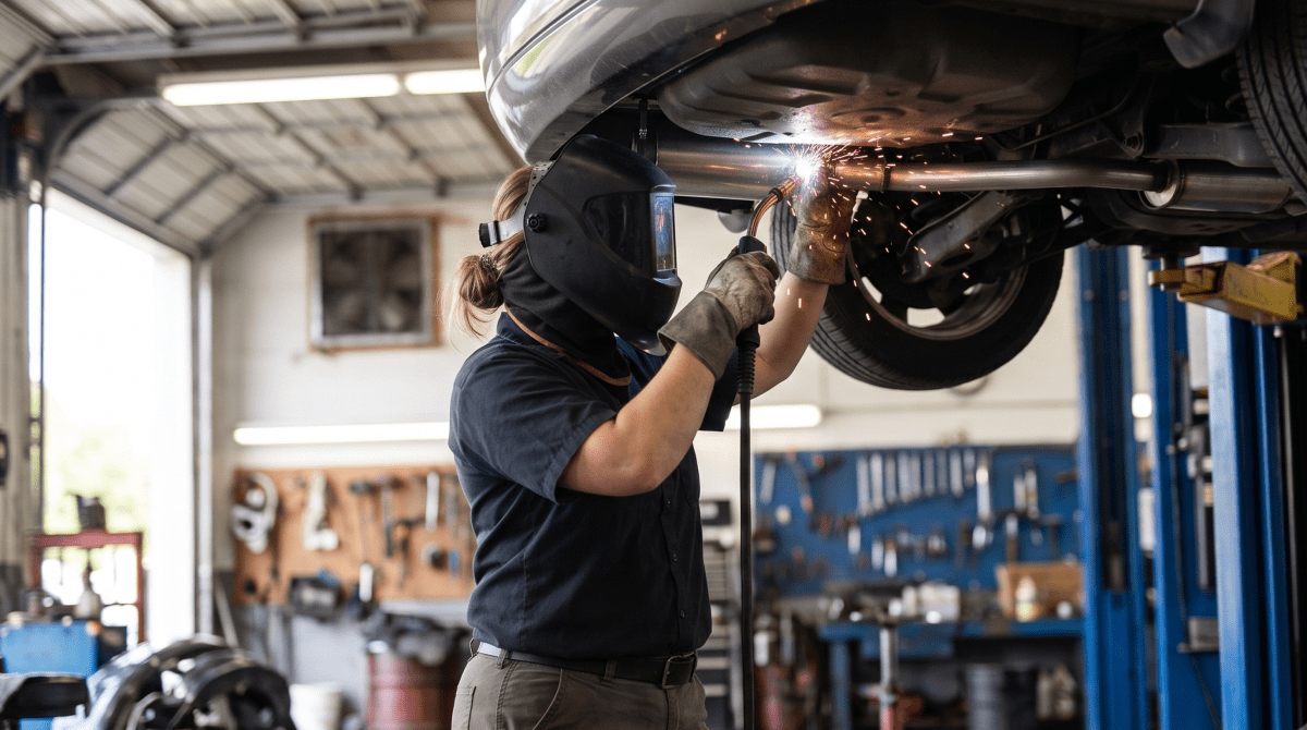 Exhaust and muffler technician working under a lifted vehicle